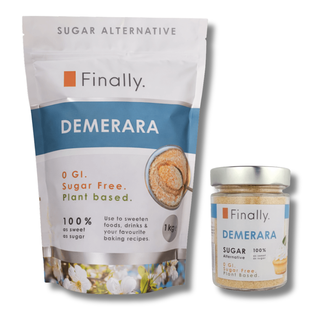 Finally Demerara sugar alternative packaging and jar on a white background