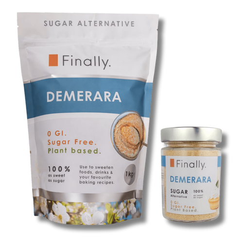 Finally Demerara sugar alternative packaging and jar on a white background