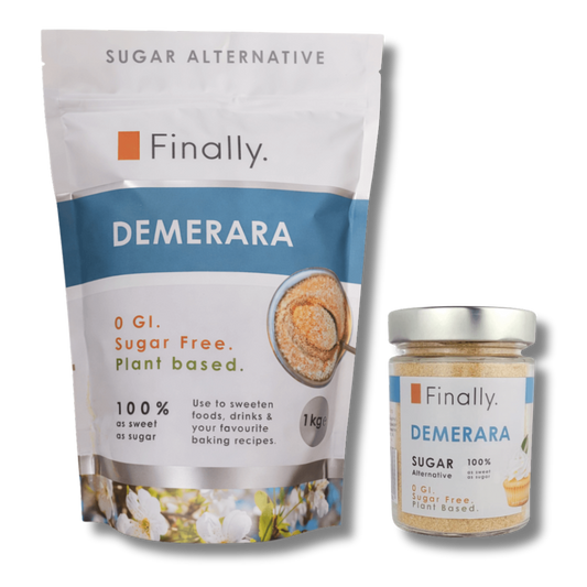 Finally Demerara sugar alternative packaging and jar on a white background