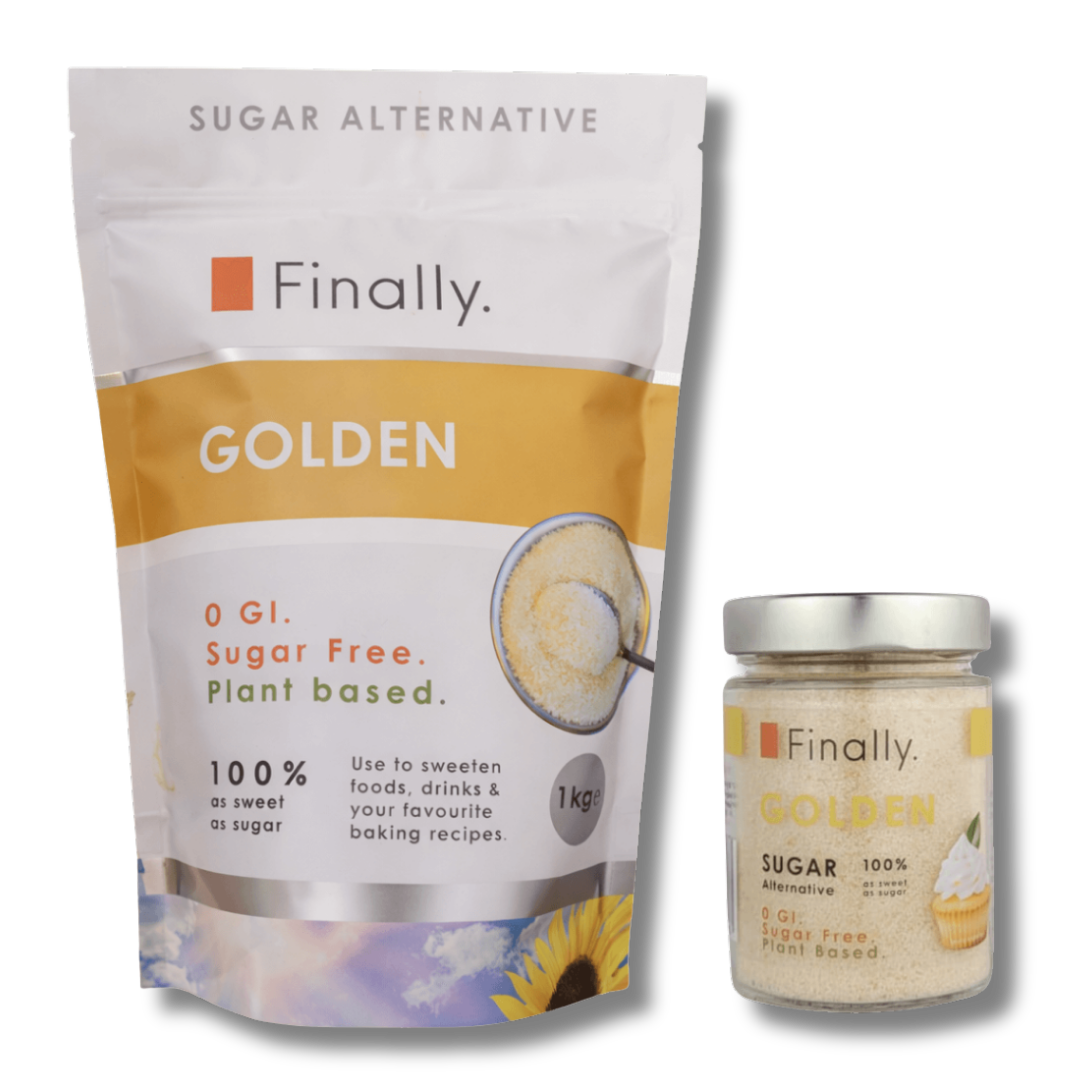 Finally Golden sugar alternative packaging and jar on a white background