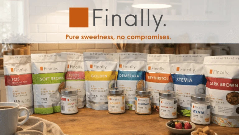 Display of Finally. Sugar Alternative products on a wooden surface with 'Finally' branding.