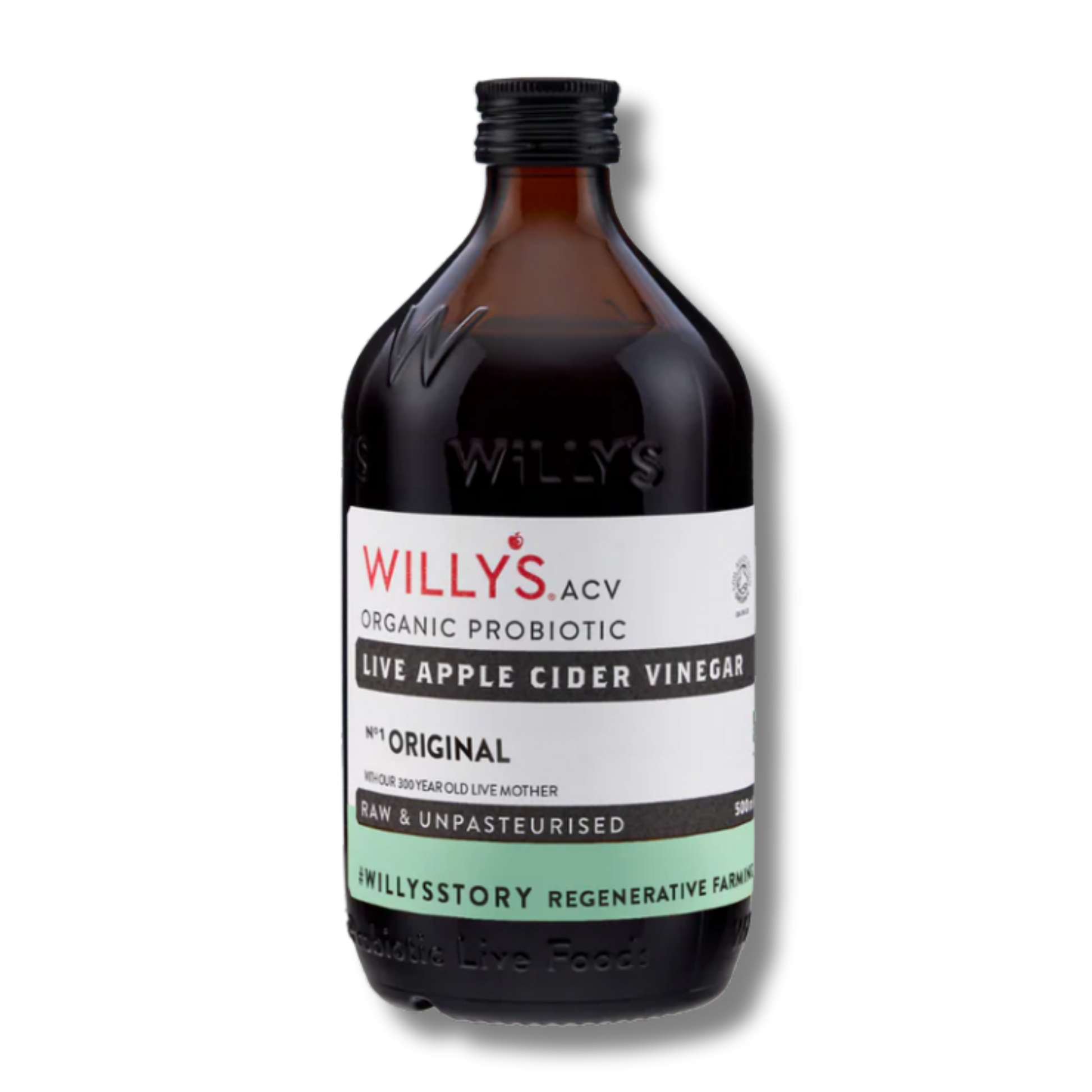 Bottle of Willy's Organic Probiotic Live Apple Cider Vinegar on a white background