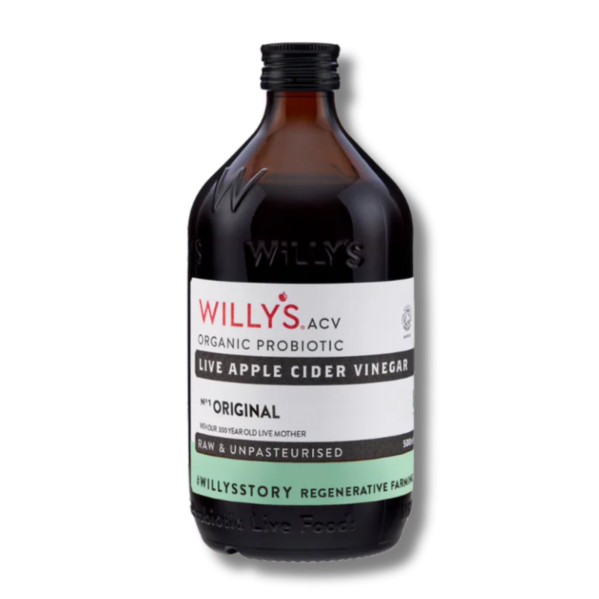 Bottle of Willy's Organic Probiotic Live Apple Cider Vinegar on a white background