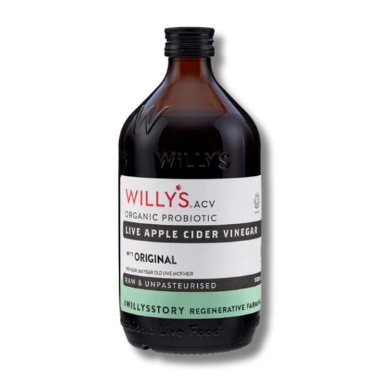Bottle of Willy's Organic Probiotic Live Apple Cider Vinegar on a white background